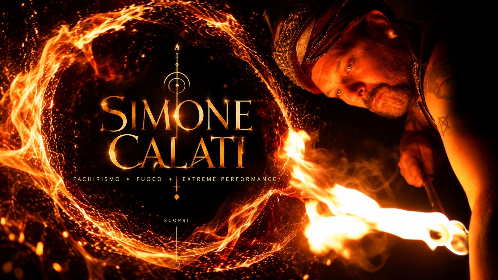 Grafica di Simone Calati con cerchio di fuoco, scintille e primo piano dell'artista